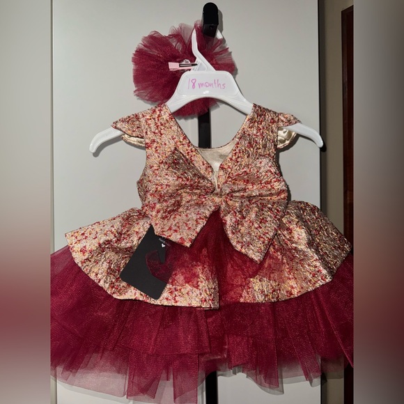 Floral Burgundy Kids formal Dress with Hairclip - Picture 3 of 4